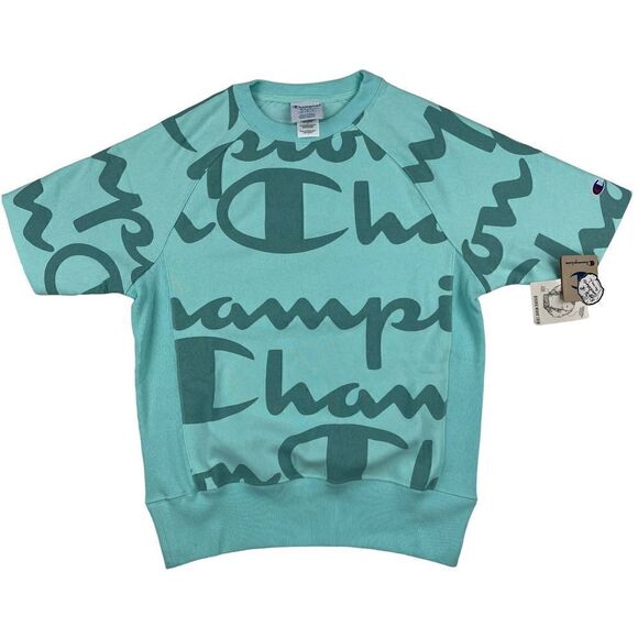 New Champion Men US XS Turquoise Blue Sweatshirt Short Sleeve Crew Neck Pullover - Picture 1 of 11